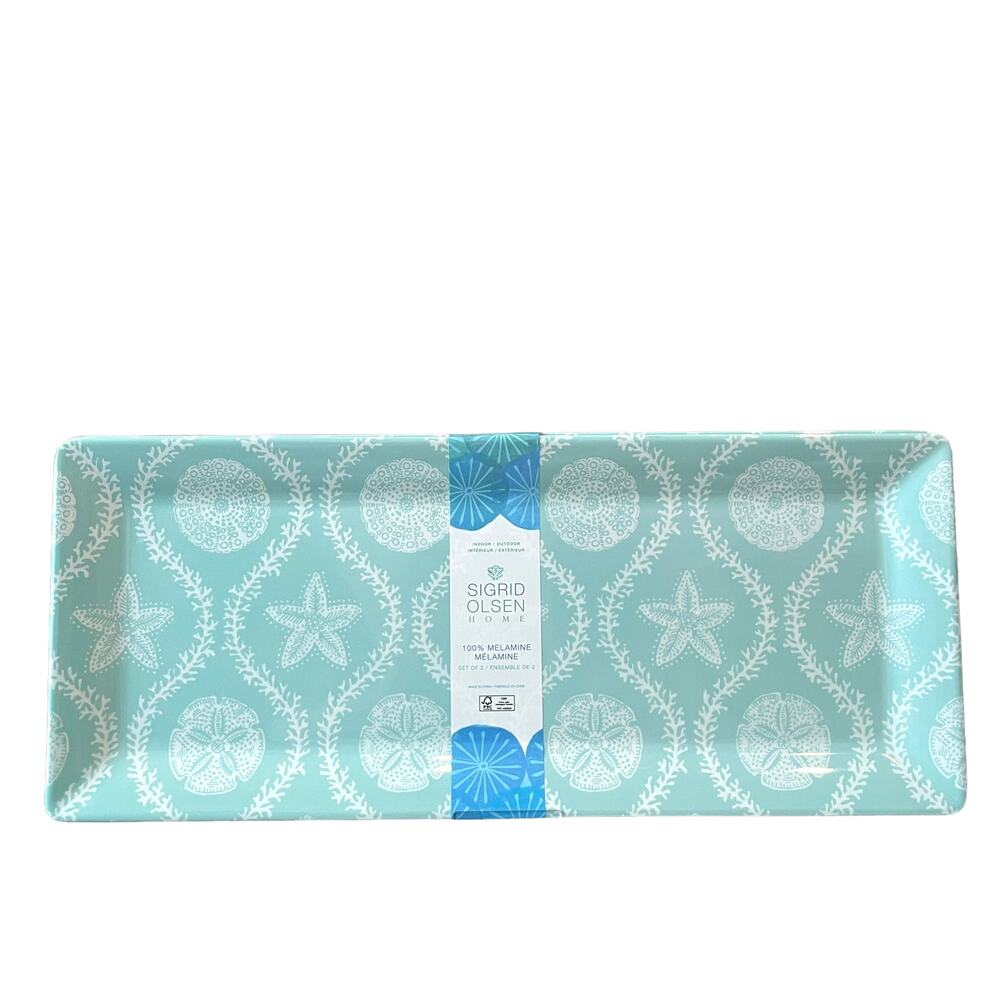 Sigrid Olsen Coastal Melamine Serving Trays 2pc 19" Aqua Starfish | Sand Dollar